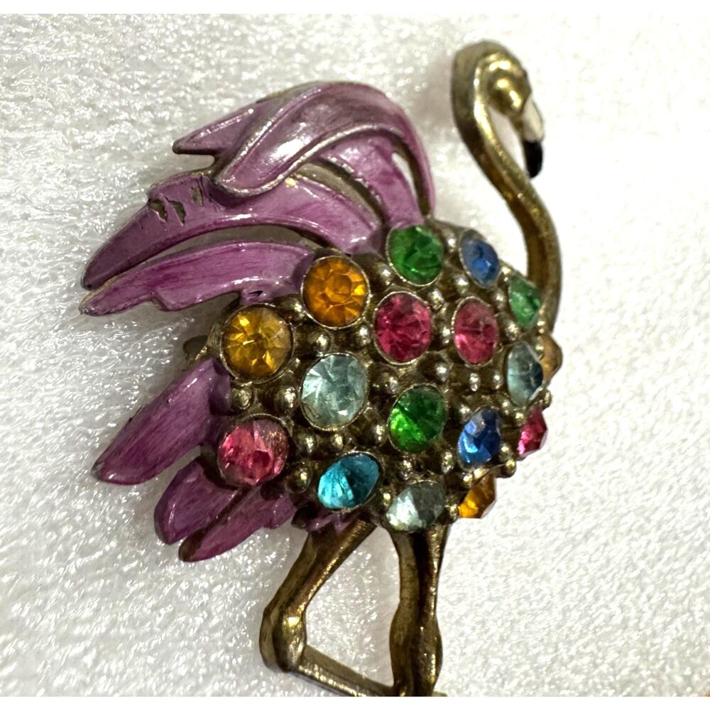 Vtg 1940s 1950s Large Flamingo Brooch Multicolor Rhinestones Enamel 3" MCM Bird